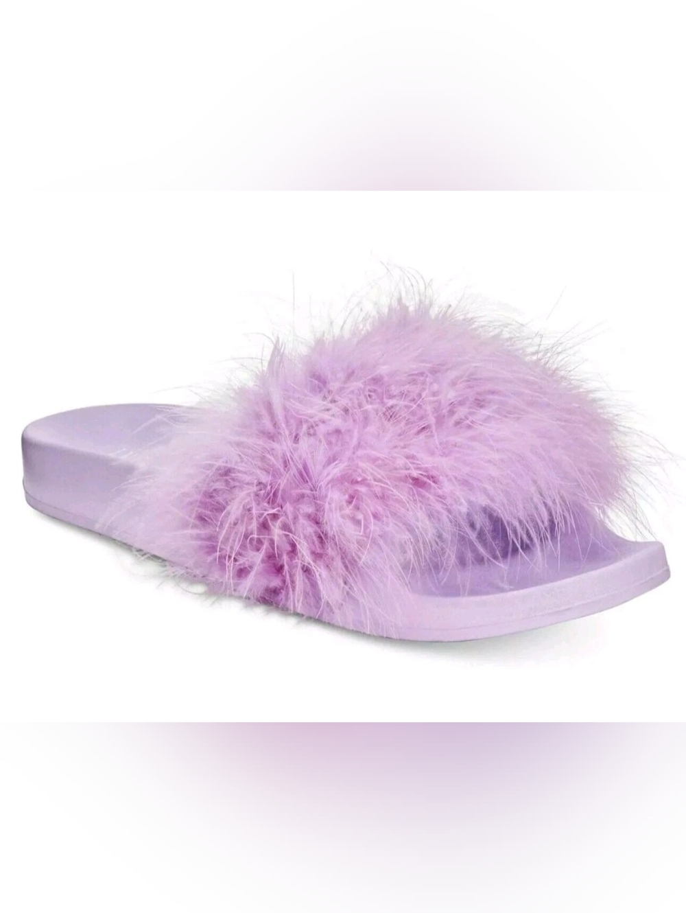 INC International Concepts Marabou Pool Slides in a lilac purple color. 